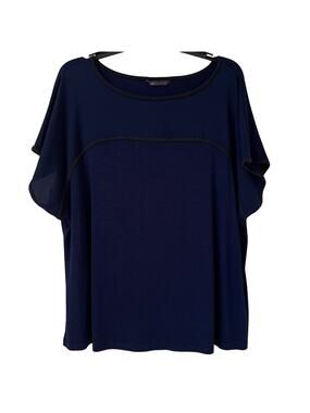 M & S Collection, XL Navy Blue Scoop Neck Batwing Top with Black Piping